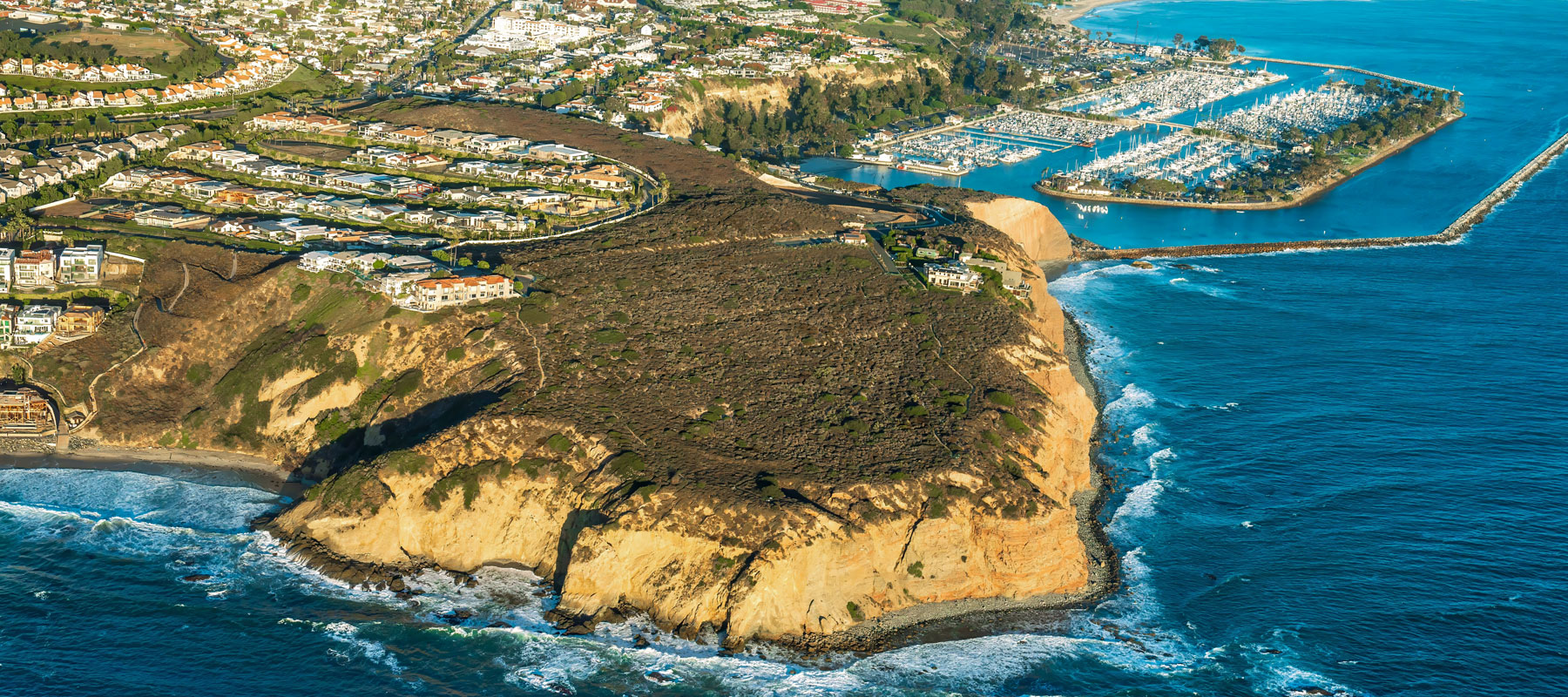 Aerial view of Dana Point headland with coastal cliffs and the harbor marina in the background