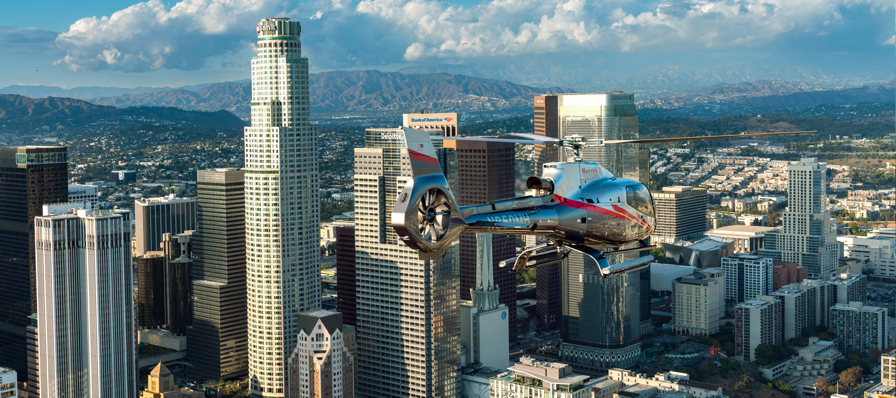 Panoramic Los Angeles cityscape from a Maverick Helicopters sightseeing flight