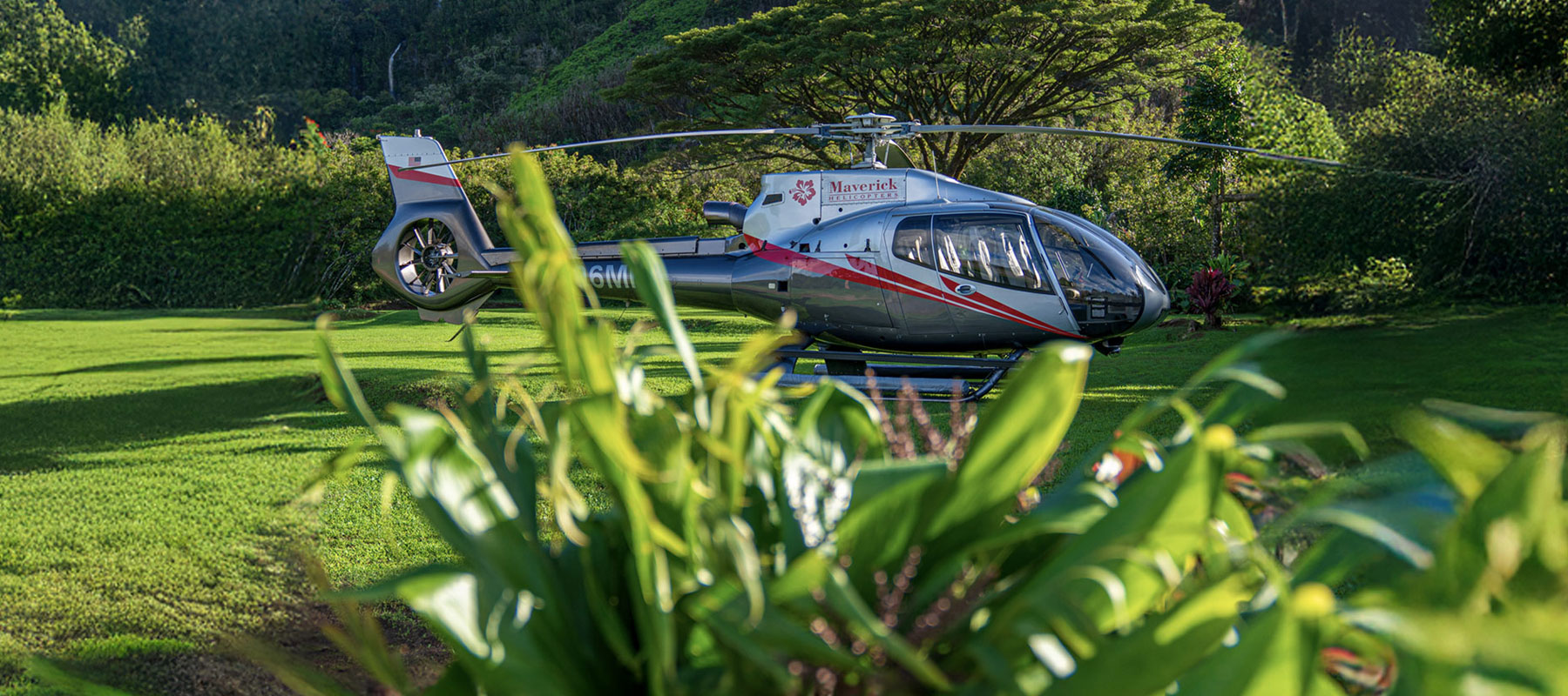 Maverick Helicopters aircraft parked in a tropical Maui setting for the Private Helicopter Luau Experience